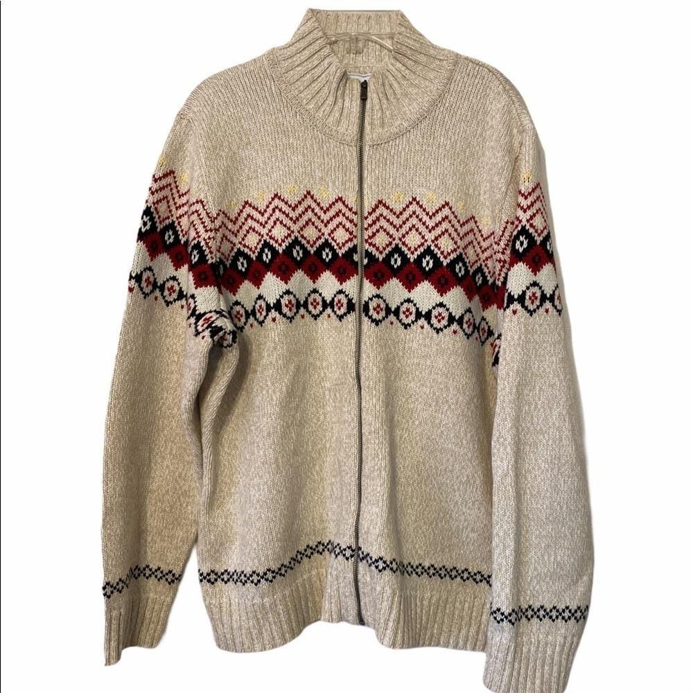 Fair Isle Zip Up Cardigan Sweater Beige Red Black Patterned Knitwear women Large